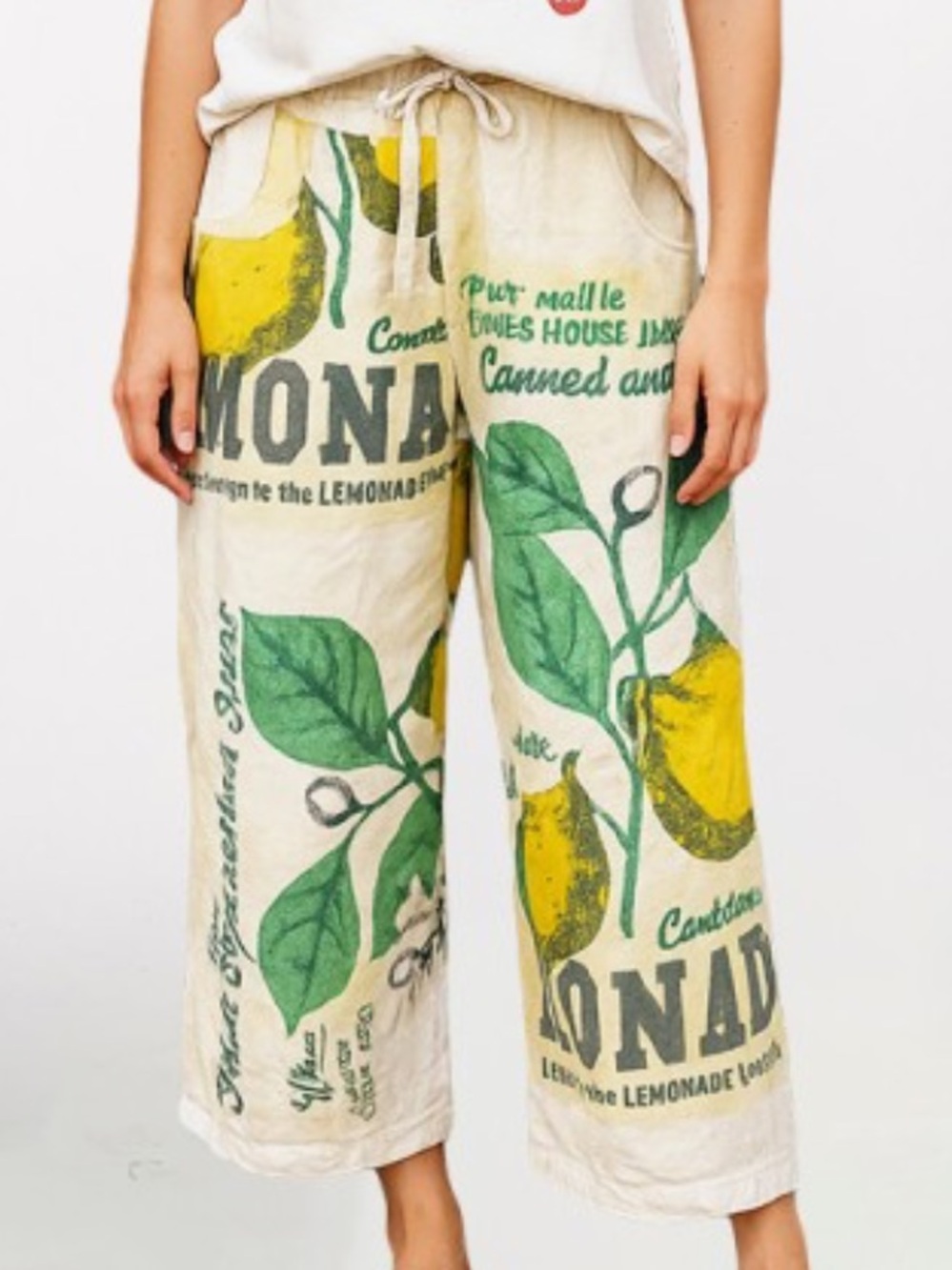 346. Lemon Print Wide-Leg Pocketed Pants - Vintage Inspired NEW